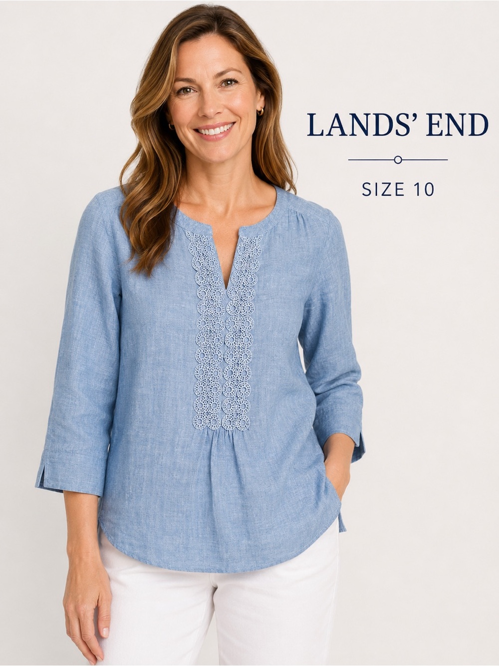 Lands’ End 100% Linen Embroidered Cottagecore  Tunic Top Blue Size 10